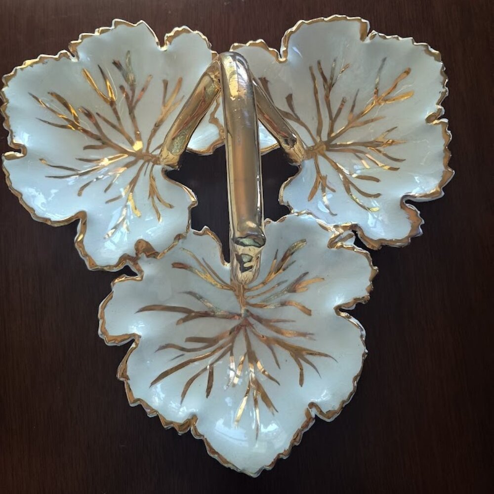 Vintage White with Gold Three Leaf Shaped Dish with Handle
